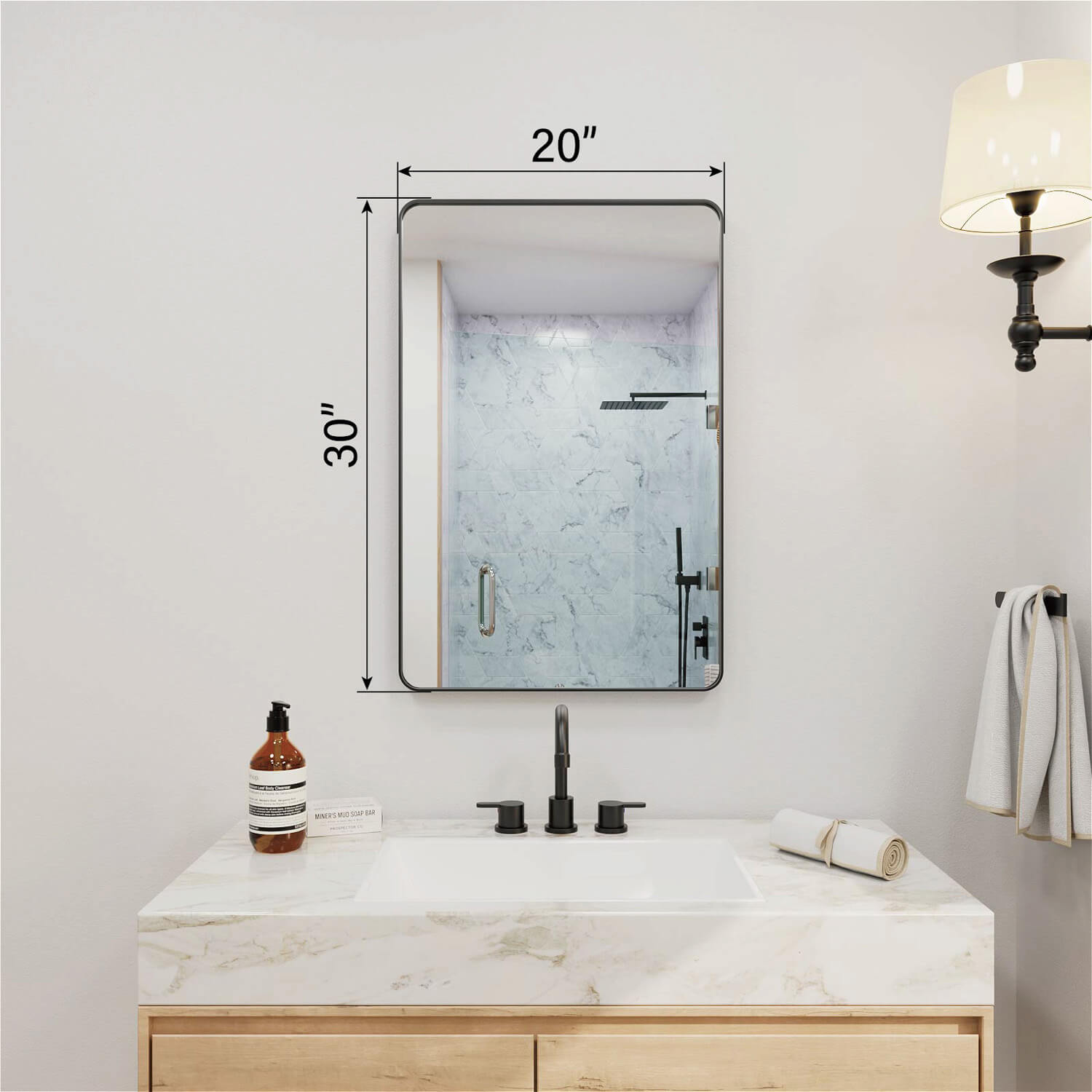 Rectangular bathroom mirror 20x30 dimensions with black frame wall-mounted