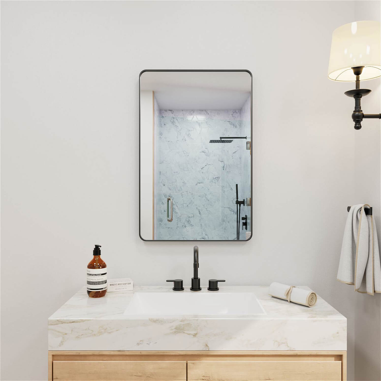 Rectangular bathroom mirror with black frame clear reflection