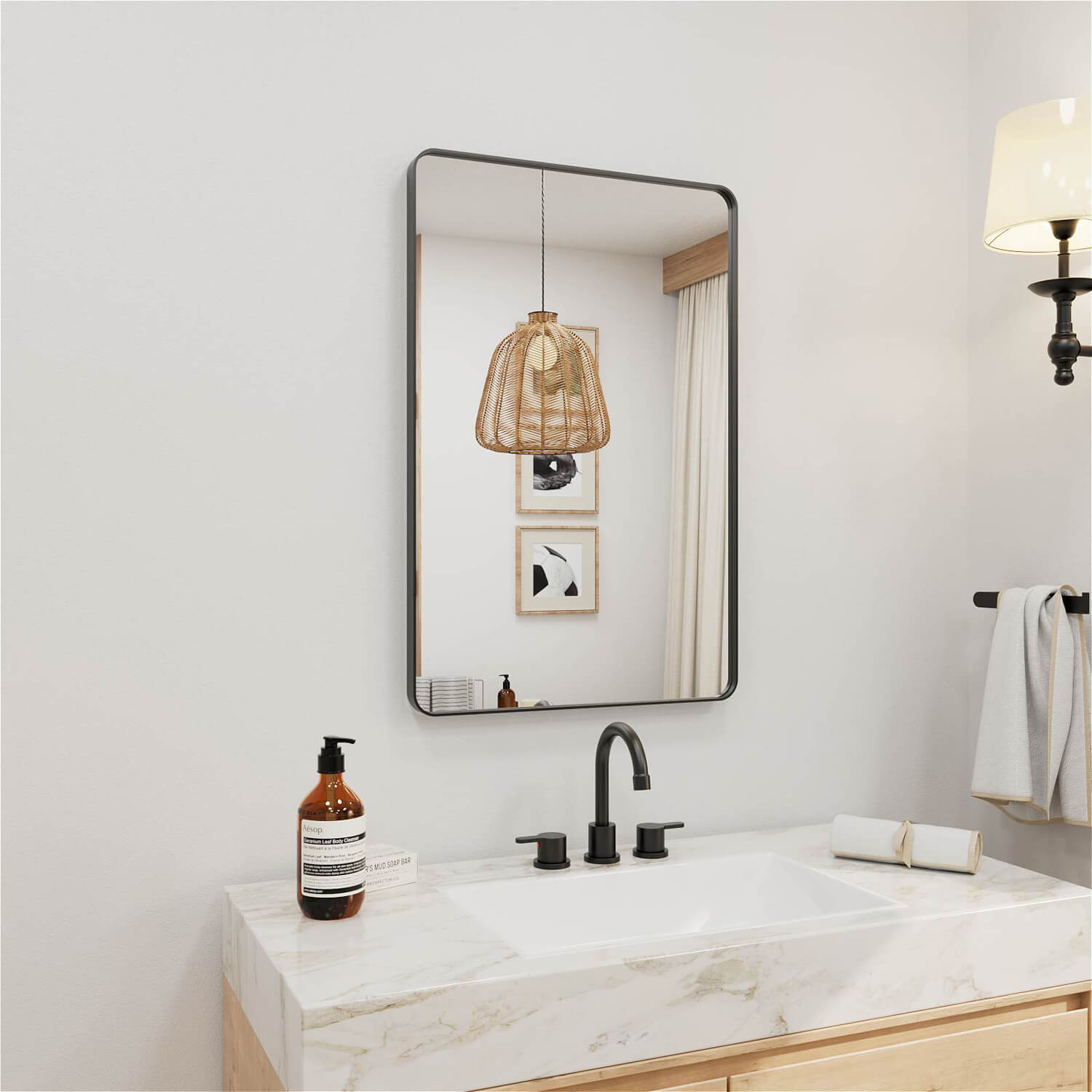Rectangular bathroom mirror with black frame smooth edge