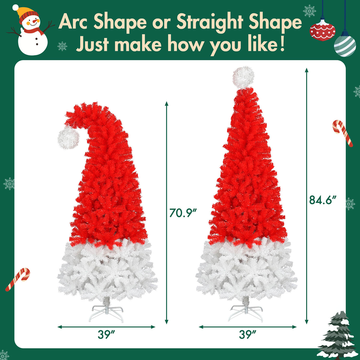 Red and white curved Christmas tree for holiday home decoration