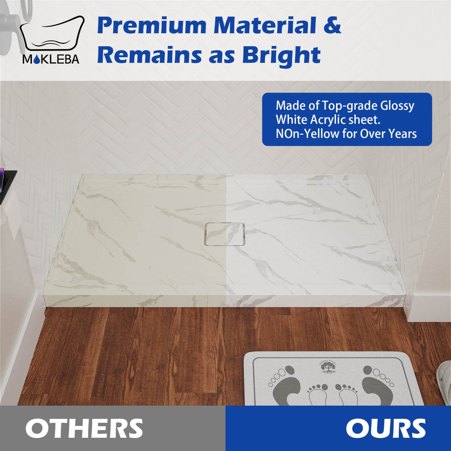 Reinforced acrylic shower base resistant to cracking and fading