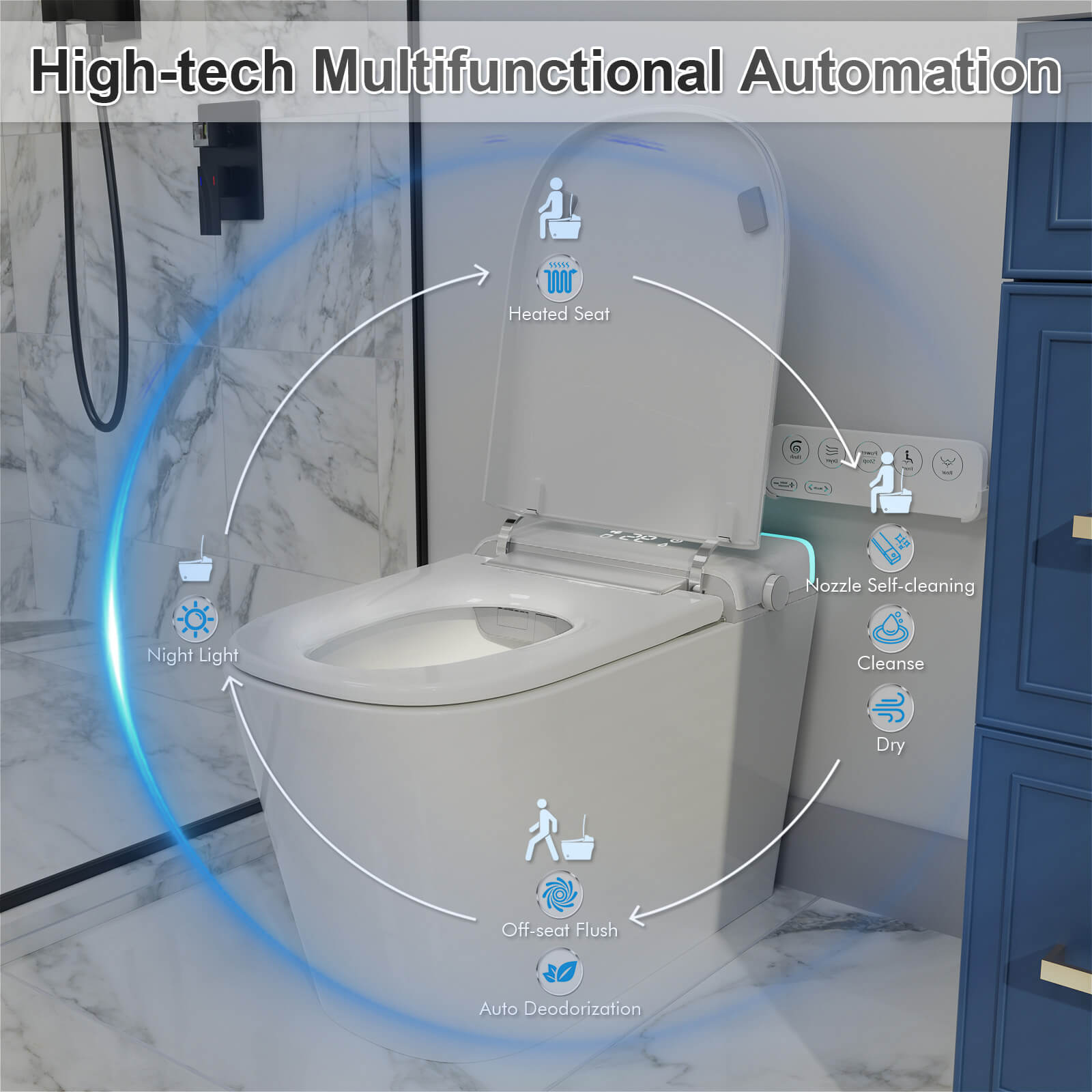 Remote Control Silent Flushing Smart Bidet Toilet with LED Light