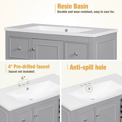 Resin sink details for 36 inch grey bathroom vanity with hair dryer storage rack