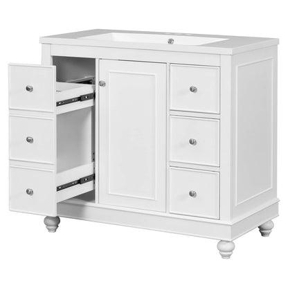 Resin sink with seamless design on a modern white bathroom vanity