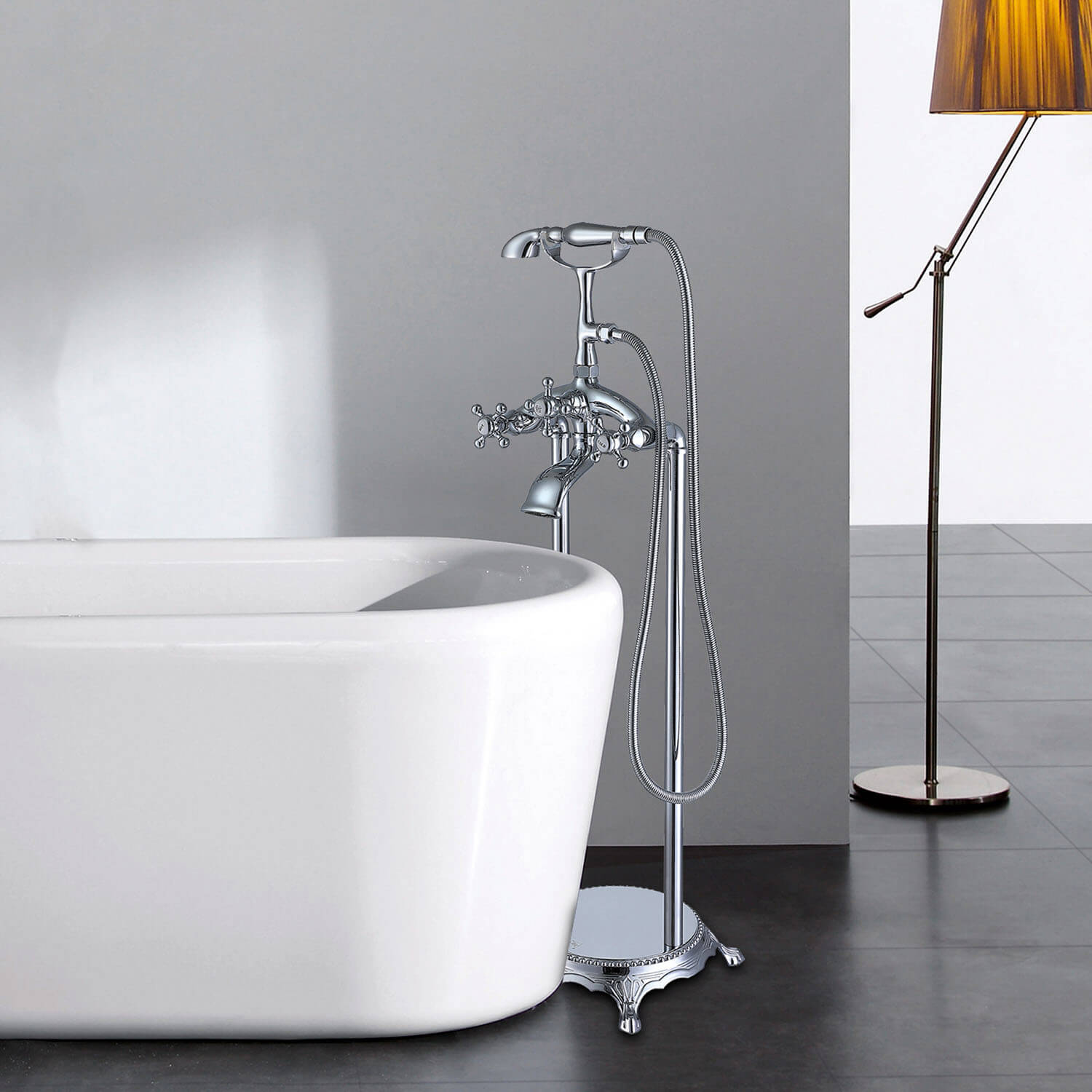 Retro chrome tub filler with hand shower and solid brass construction
