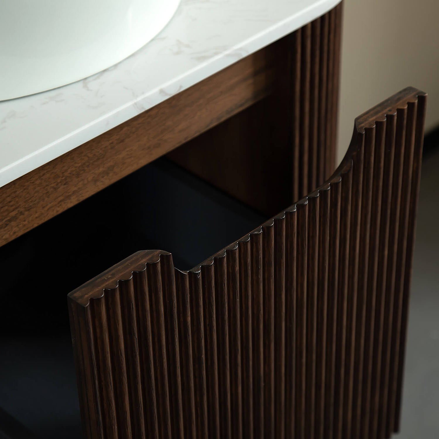 Rich walnut floating vanity for guest bathrooms
