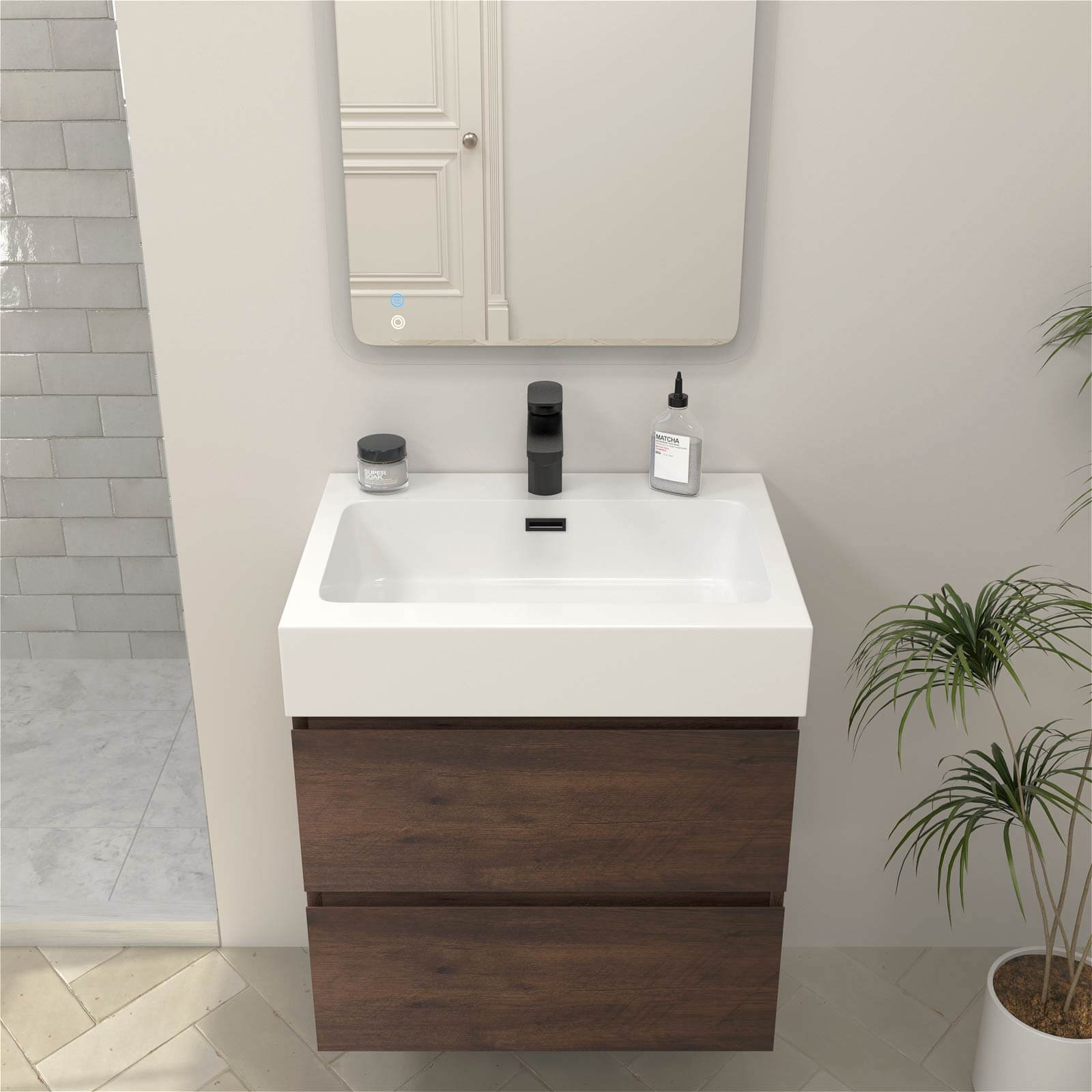 24" Walnut Modern Floating Vanity with 2 Drawers