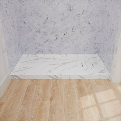 Right drain shower pan featuring elegant stone style pattern