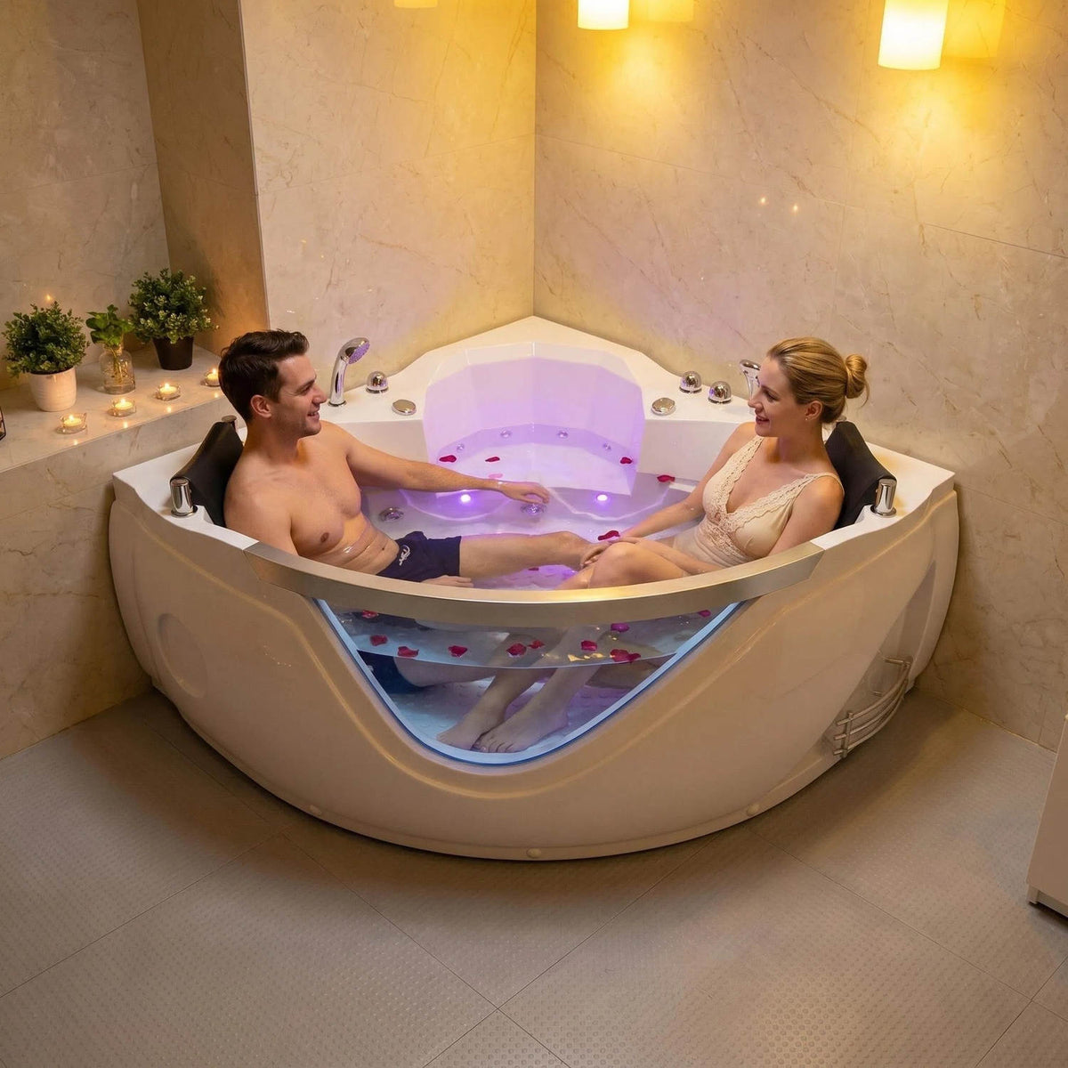 Romantic Couple Whirlpool Bathtub Rose Petals Mood Light