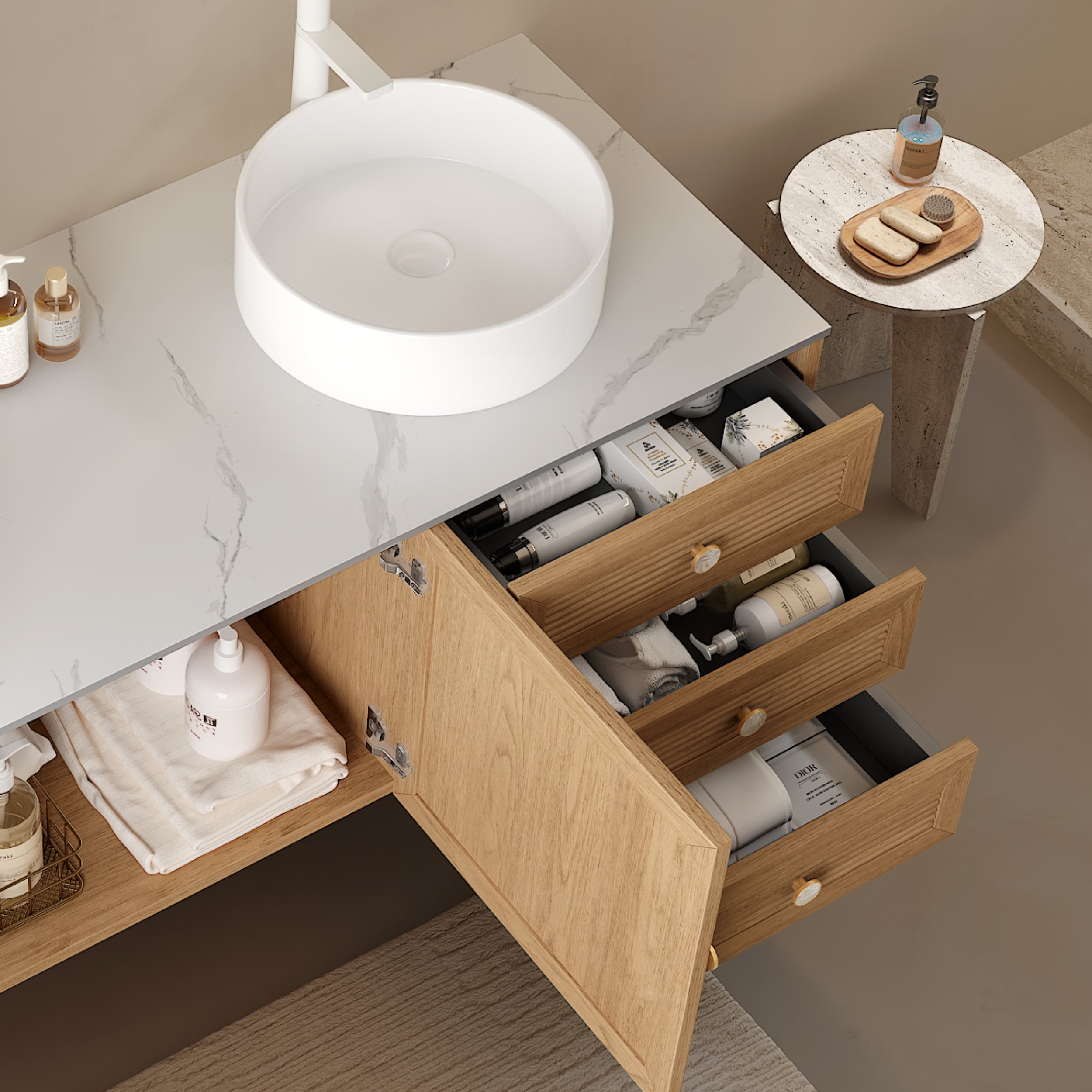 Round White Ceramic Above-Counter Vessel Bathroom Sink Integral ceramic construction Above-counter vessel bathroom sink Smooth white finish