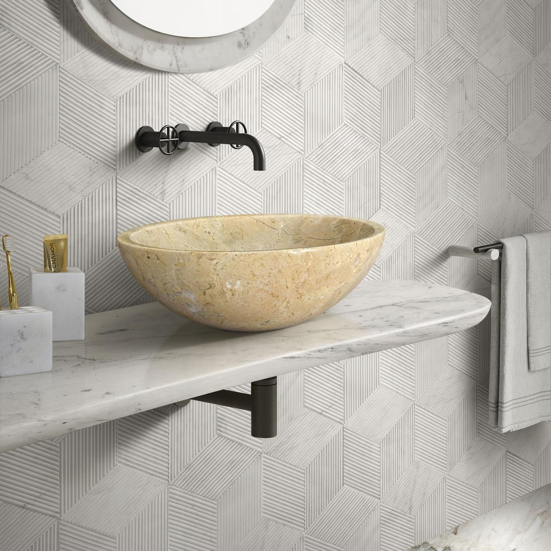 16" Beige Marble Round Above-Counter Bathroom Sink