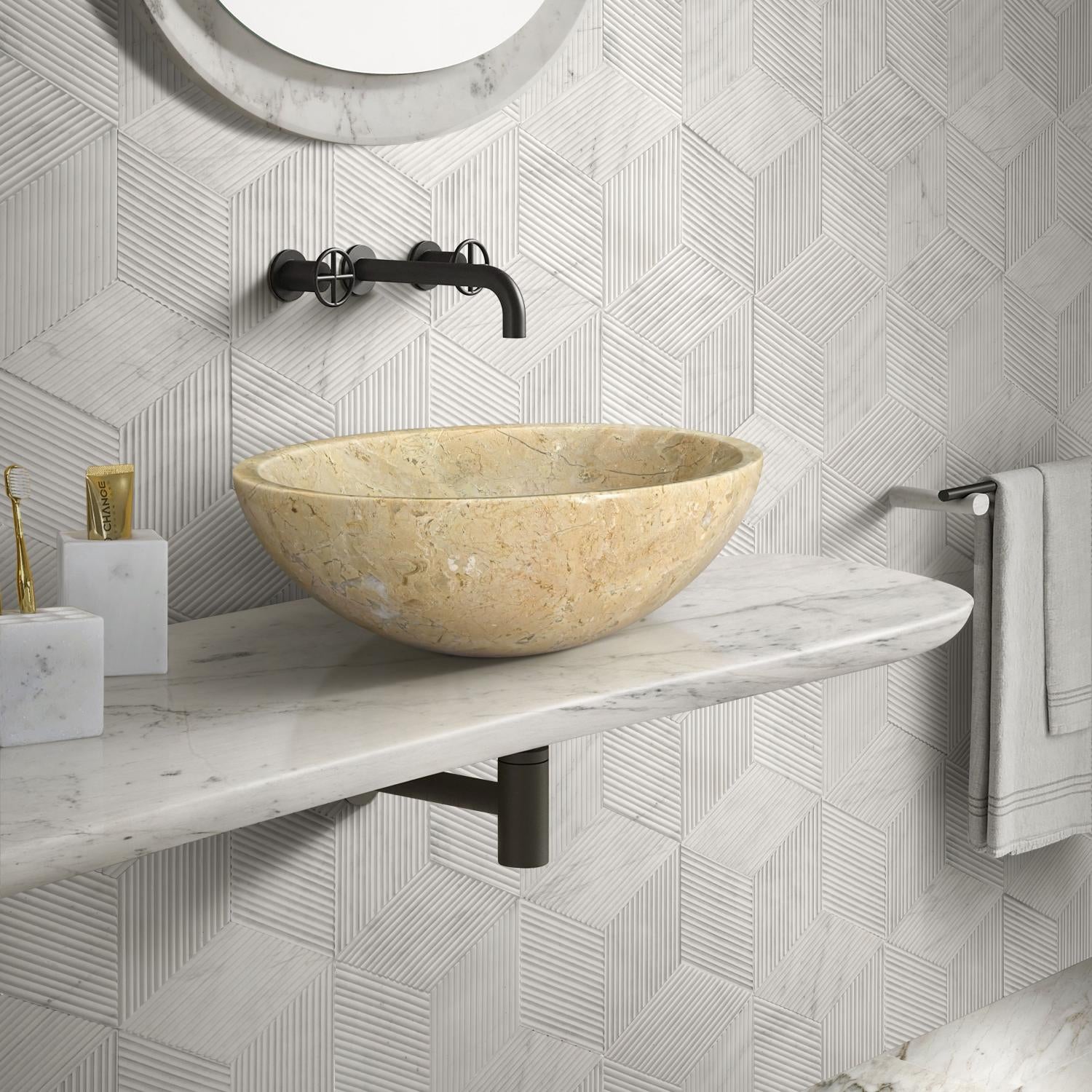 16" Beige Marble Round Above-Counter Bathroom Sink