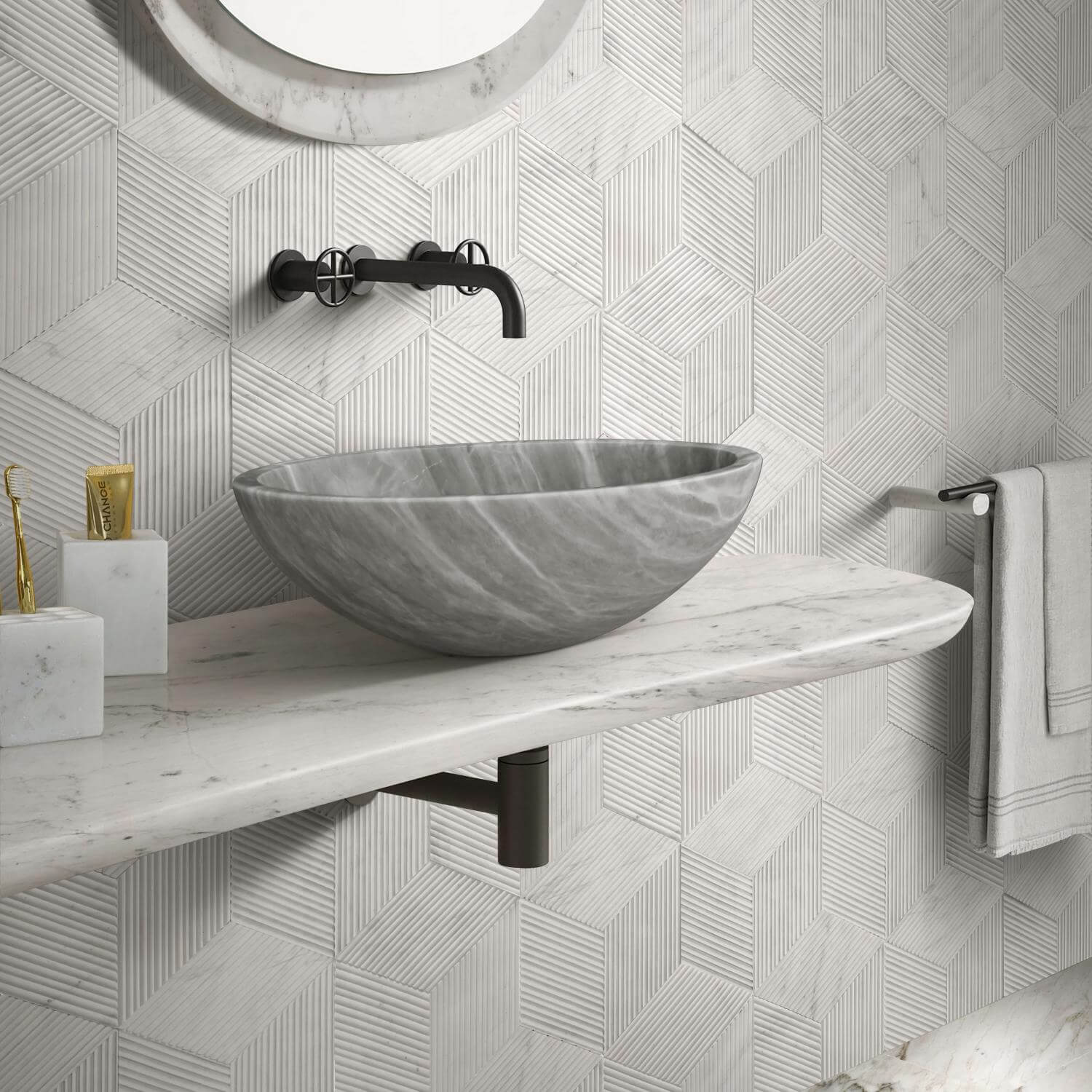 16" Gray Marble Round Above-Counter Bathroom Sink