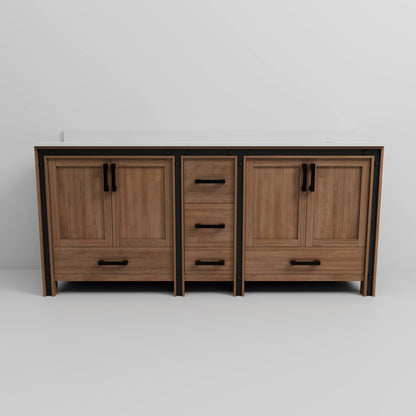 Rustic 80 inch freestanding vanity featuring natural wood finish and spacious storage
