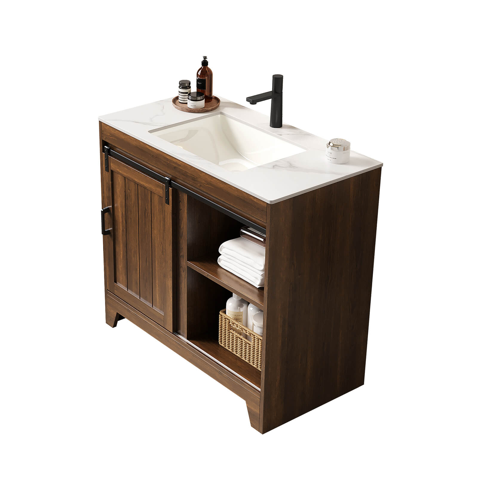 Rustic bathroom vanity with open side shelves for storage