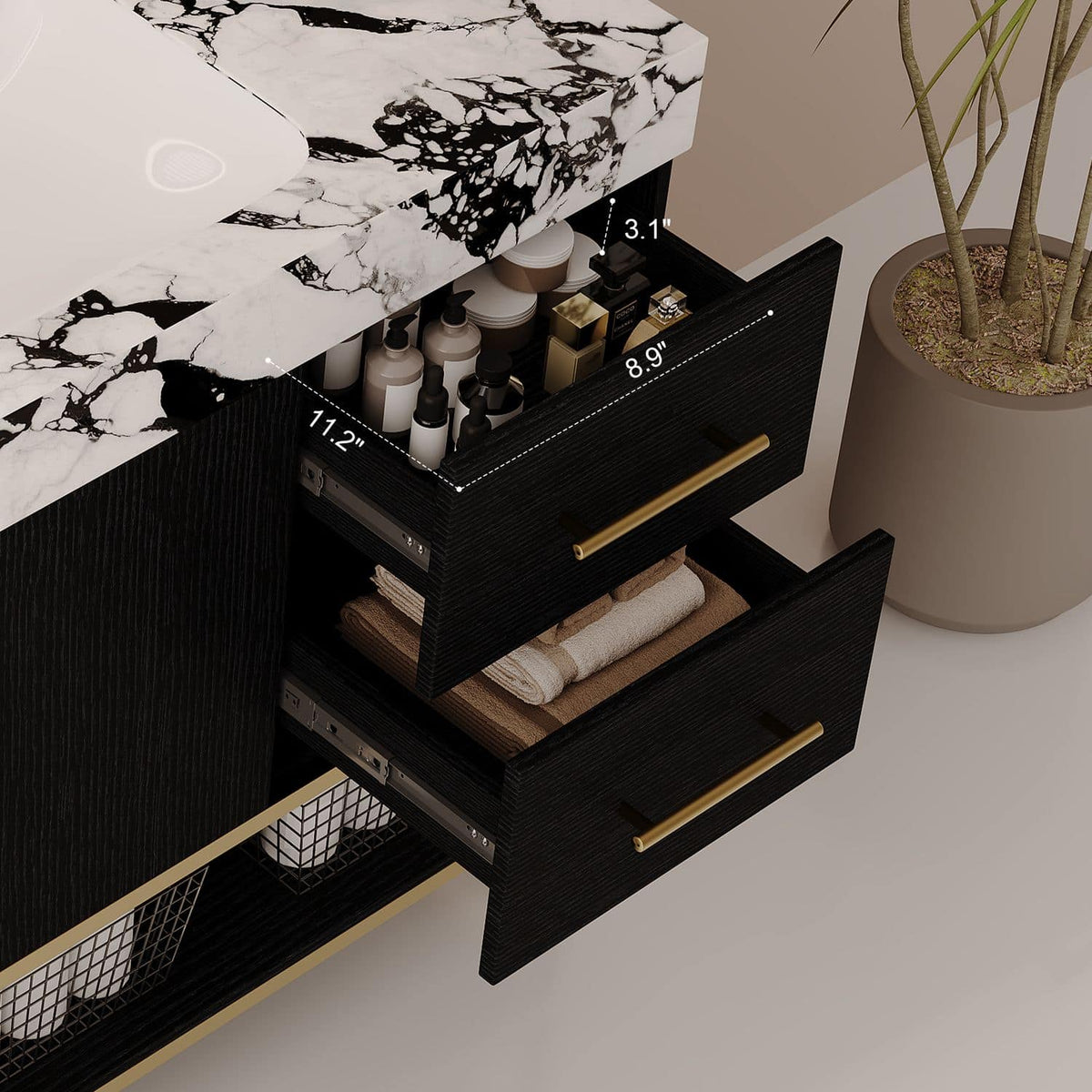 36-Inch Black Bathroom Vanity Drawer Interior Dimensions Size Storage Depth Width Height Detail