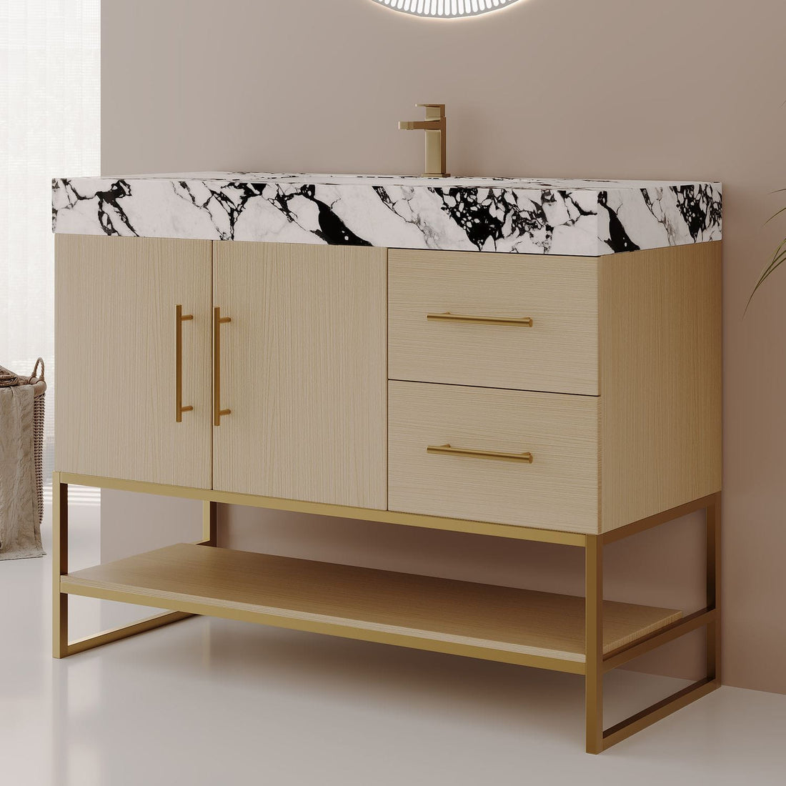 36in Light Oak Freestanding Vanity Faux Marble Countertop Side Angle View Stainless Steel Base