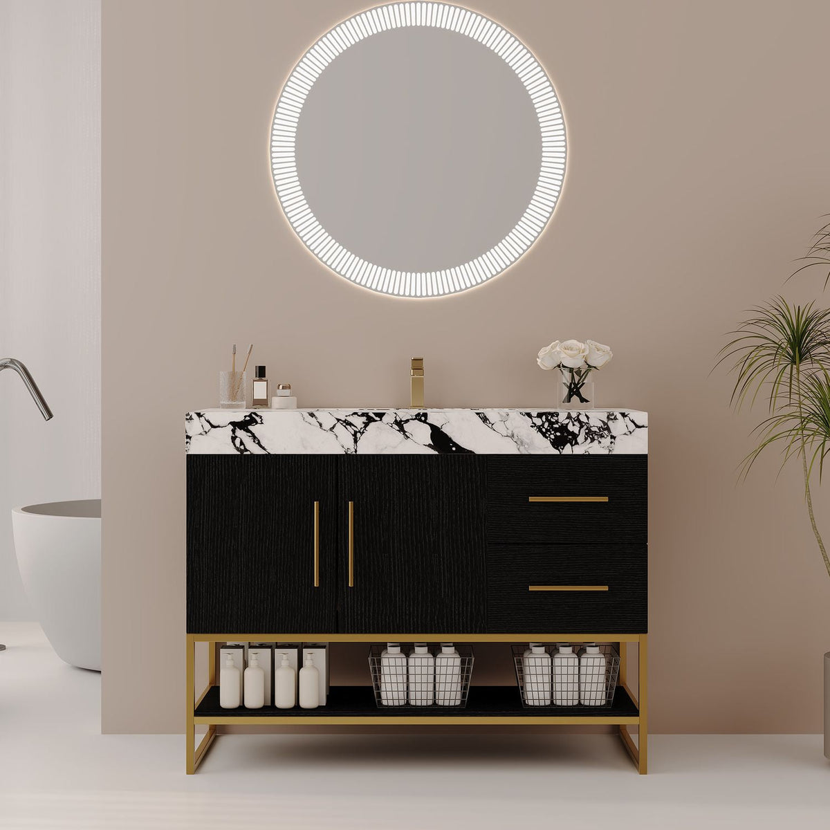 Modern 36 inch Black Single Sink Bathroom Vanity Gold Frame Stainless Steel Base Full Setting Scene View