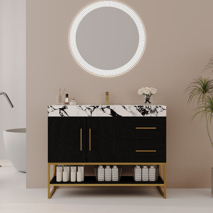 Modern 36 inch Black Single Sink Bathroom Vanity Gold Frame Stainless Steel Base Full Setting Scene View