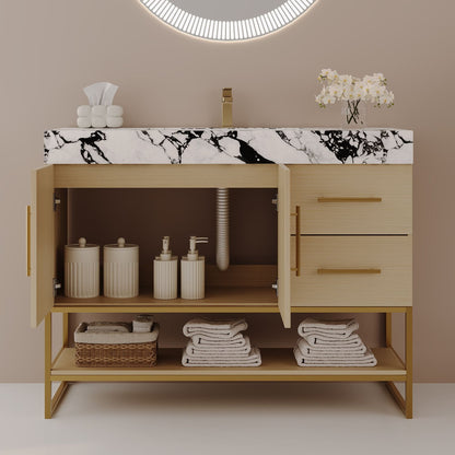 36 inch Oak Finish Bathroom Vanity Open Double Doors Under Sink Plumbing Storage Space