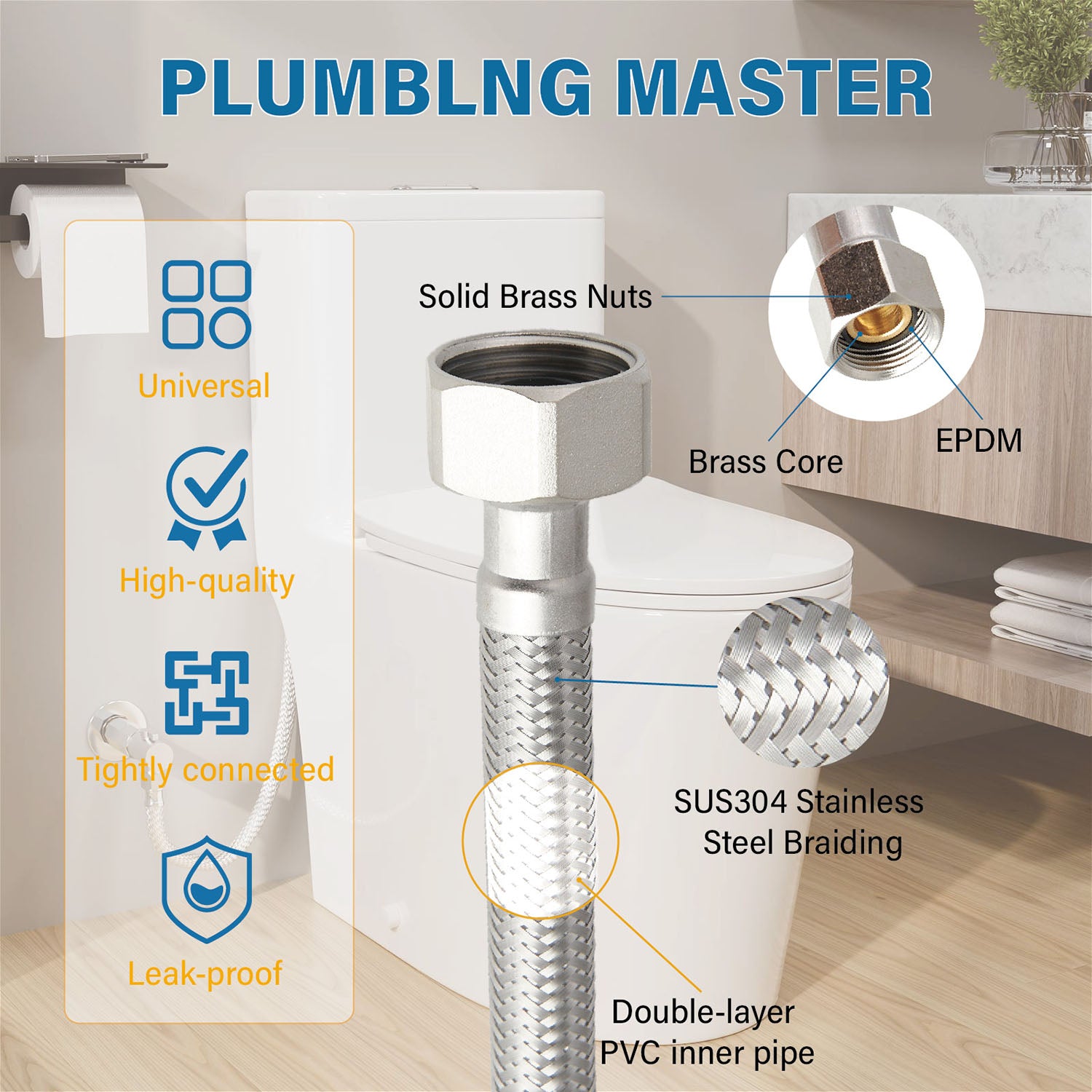 braided stainless steel toilet supply line vs rubber hose comparison, toilet tank interior cleaning with vinegar and brush