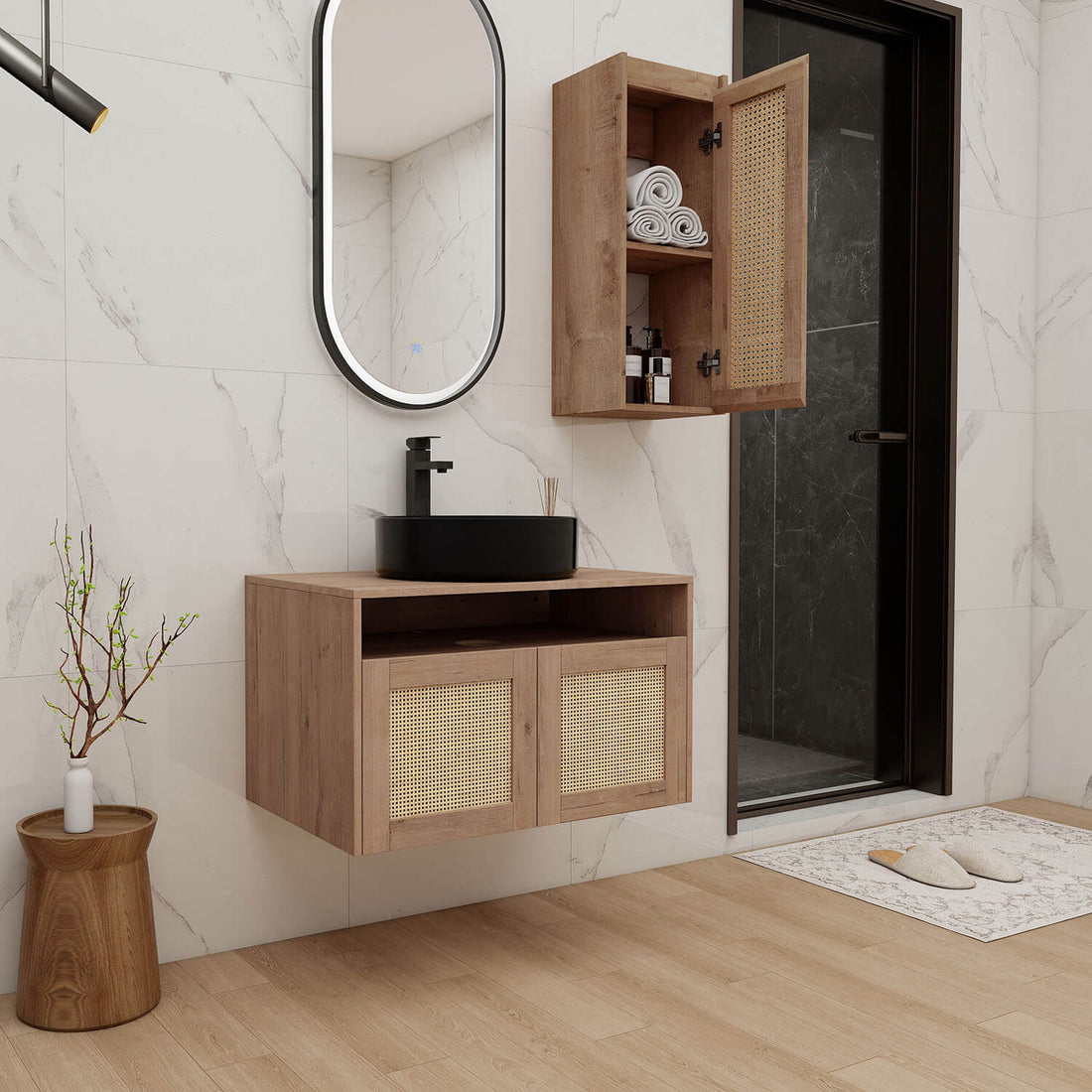 Scene display of 30" White Oak Floating Vanity with Black Ceramic Sink