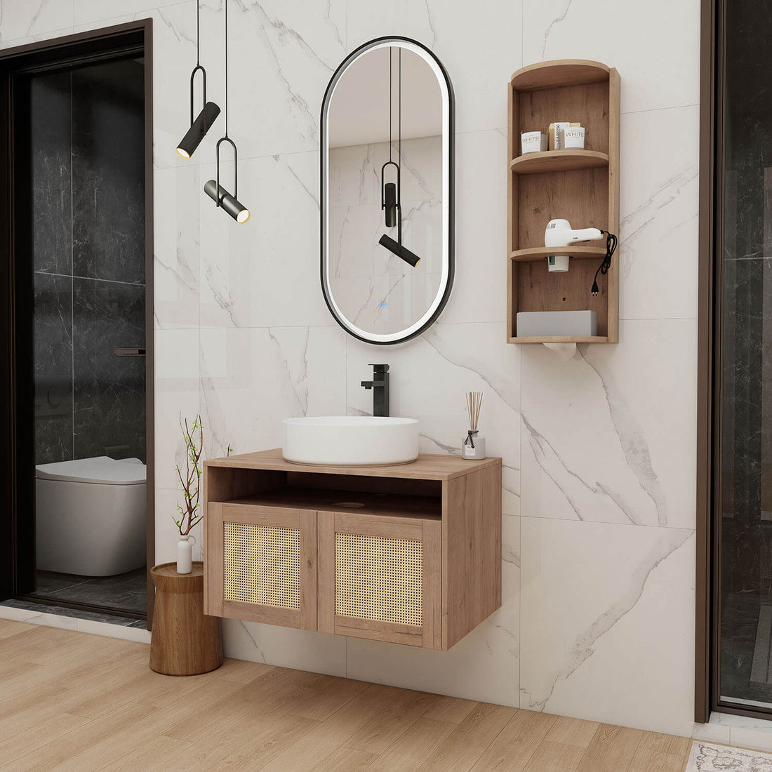 Scene display of 30 inch Floating Vanity and 12 inch Wall Storage Cabinet