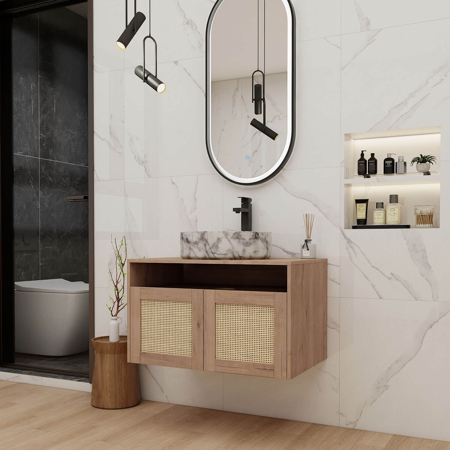 Scene display of 30 inch White Oak Floating Vanity