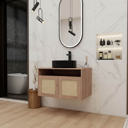 Scene display of 30 inch White Oak Floating Vanity with Black Ceramic Sink