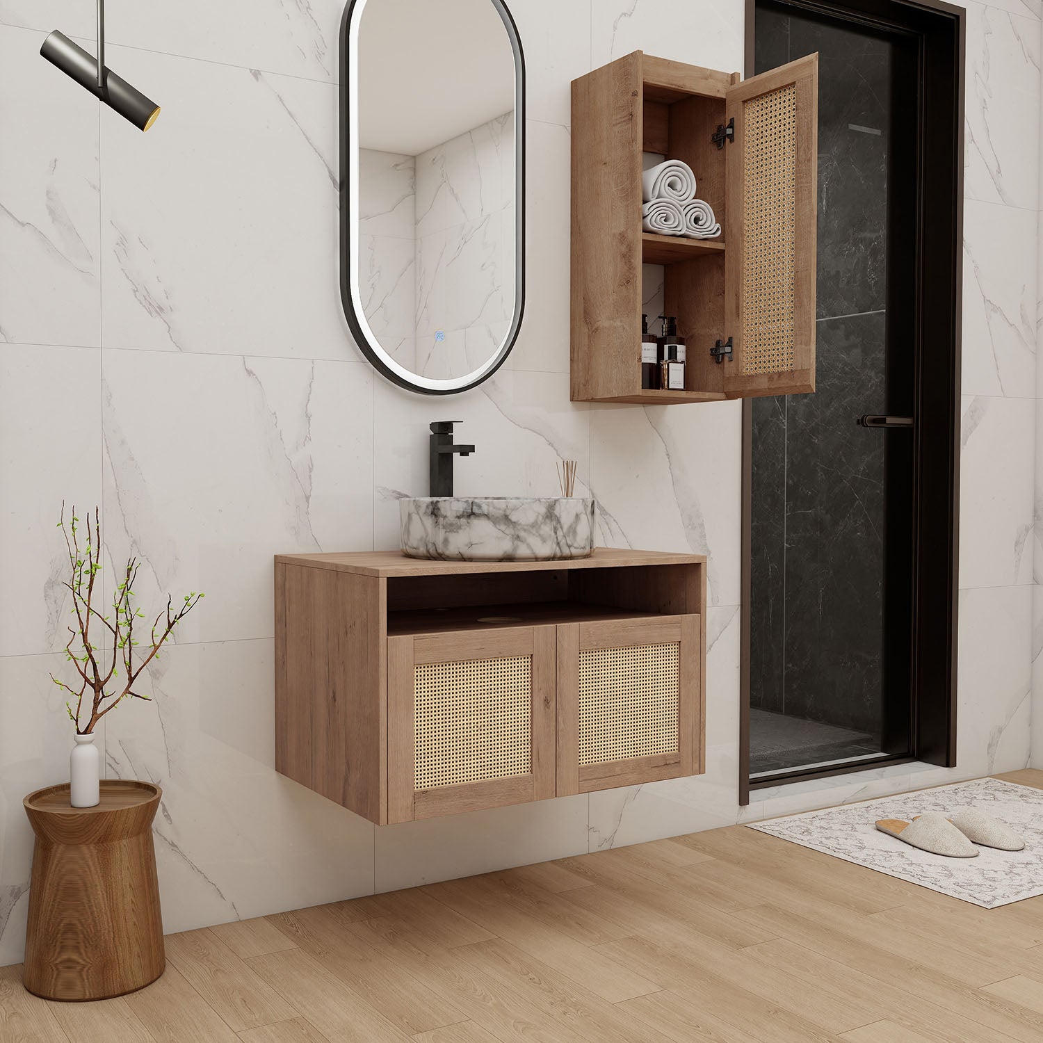 Scene display of 30 inch White Oak Floating Vanity with Marble-Veined Ceramic Sink