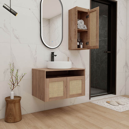 Scene display of 30 inch White Oak Floating Vanity with White Ceramic Sink
