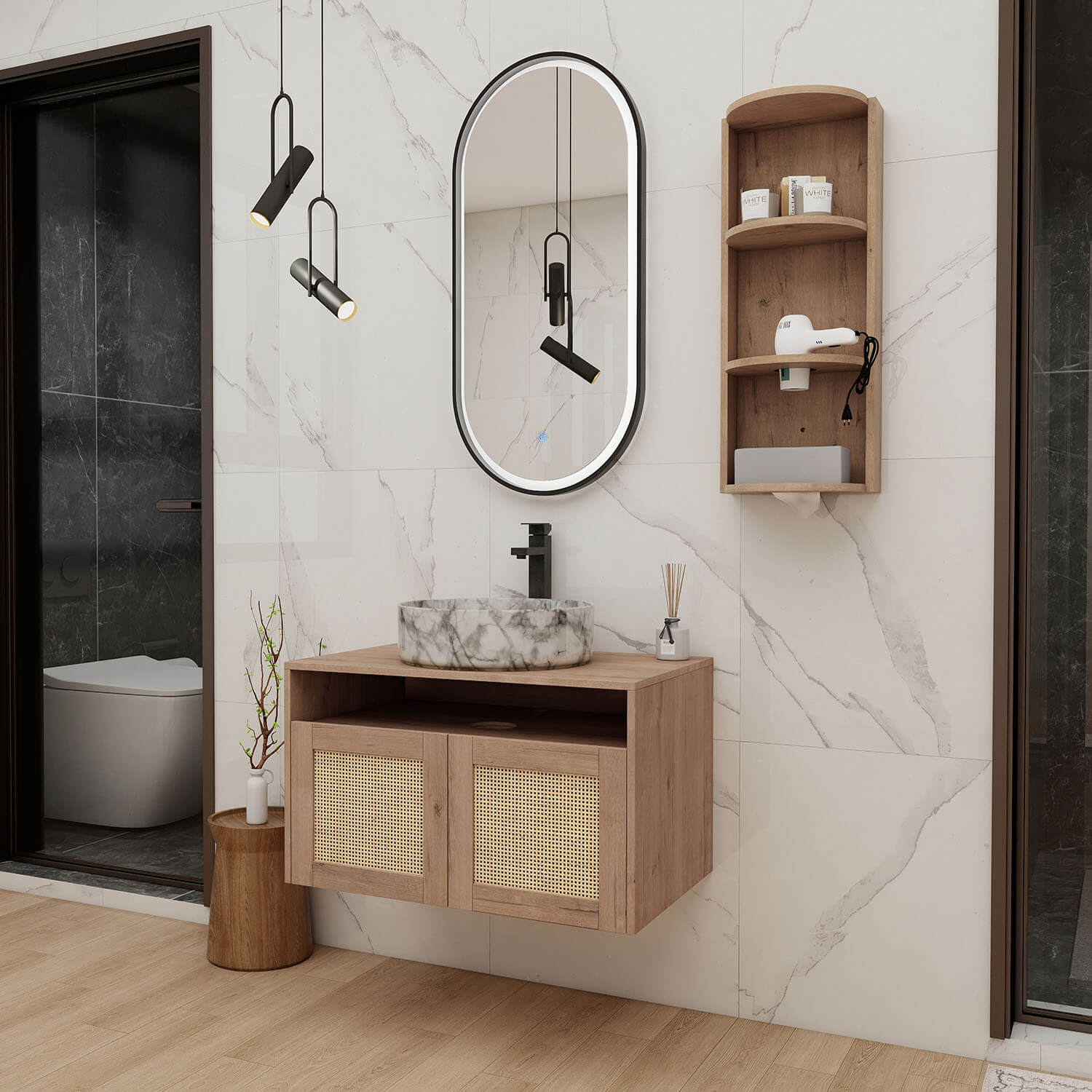 Scene display of Floating Vanity and Wall Storage Cabinet