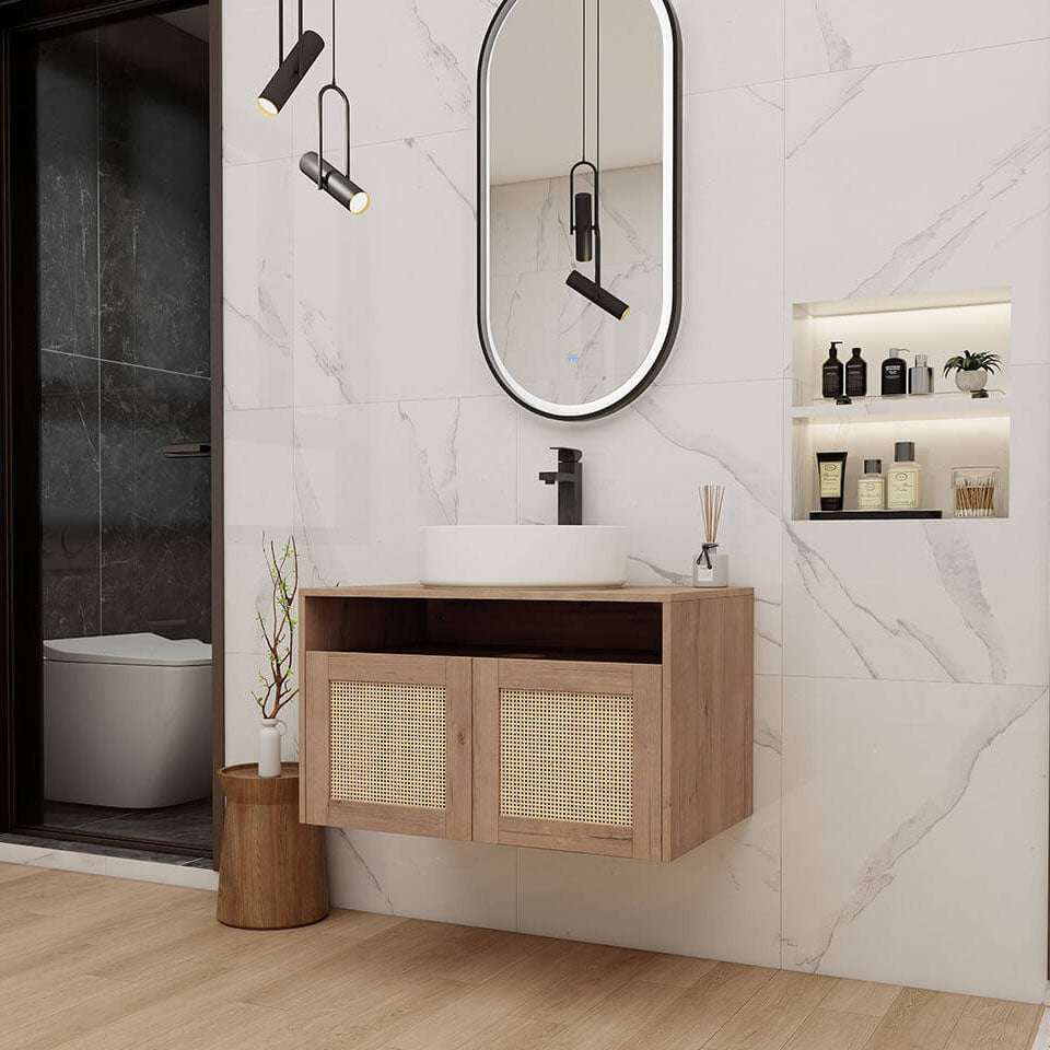 Scene matching illustration of 30 inch White Oak Floating Vanity