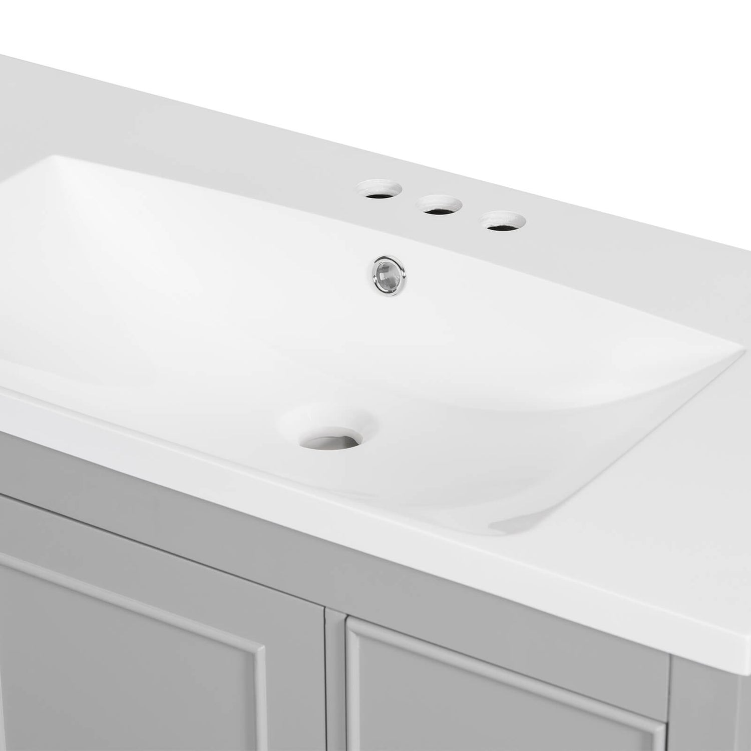 Seamless resin sink atop a 36-inch gray bathroom vanity for easy maintenance