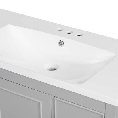 Seamless resin sink atop a 36-inch gray bathroom vanity for easy maintenance