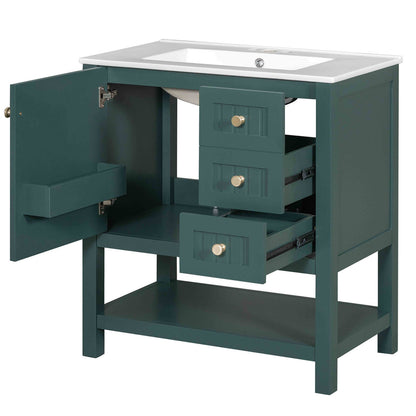 Serene bathroom ambiance created by the deep green vanity