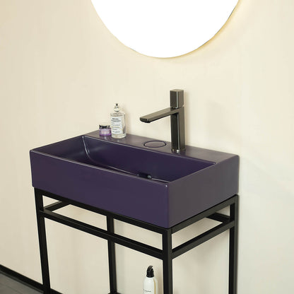 Shallow depth console sink in bold purple finish