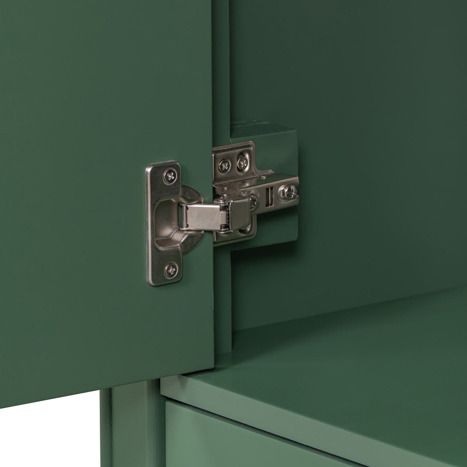 Shock-absorbing hinge detail on 36 inch traditional green bathroom vanity with resin sink