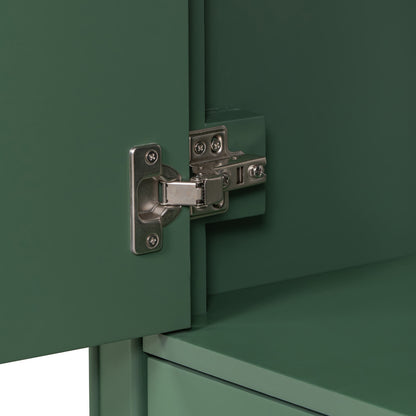 Shock-absorbing hinge detail on 36 inch traditional green bathroom vanity with resin sink