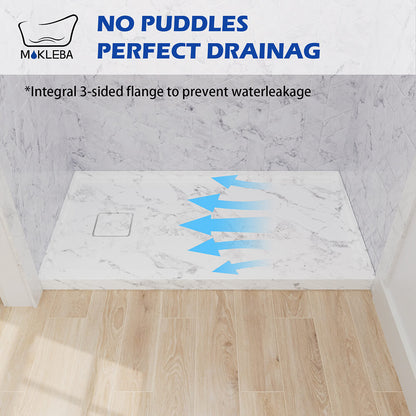 Shower base with integrated 3-sided flange designed to help prevent water leakage