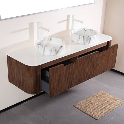 Side angle showing stone veined ceramic basins on walnut vanity