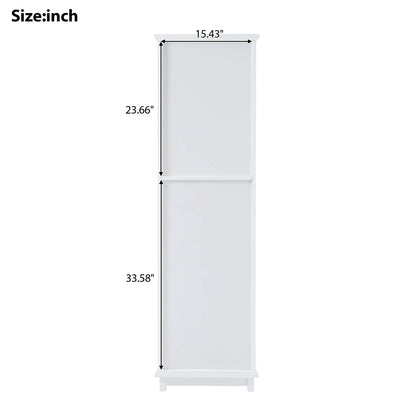 Side dimension details of a 63 inch tall white freestanding linen cabinet