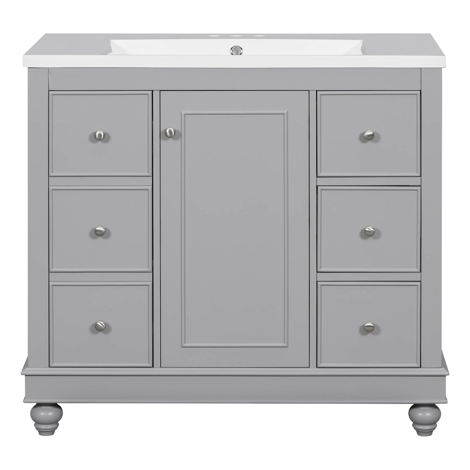 Side profile of gray bathroom vanity featuring elegant design and functional storage