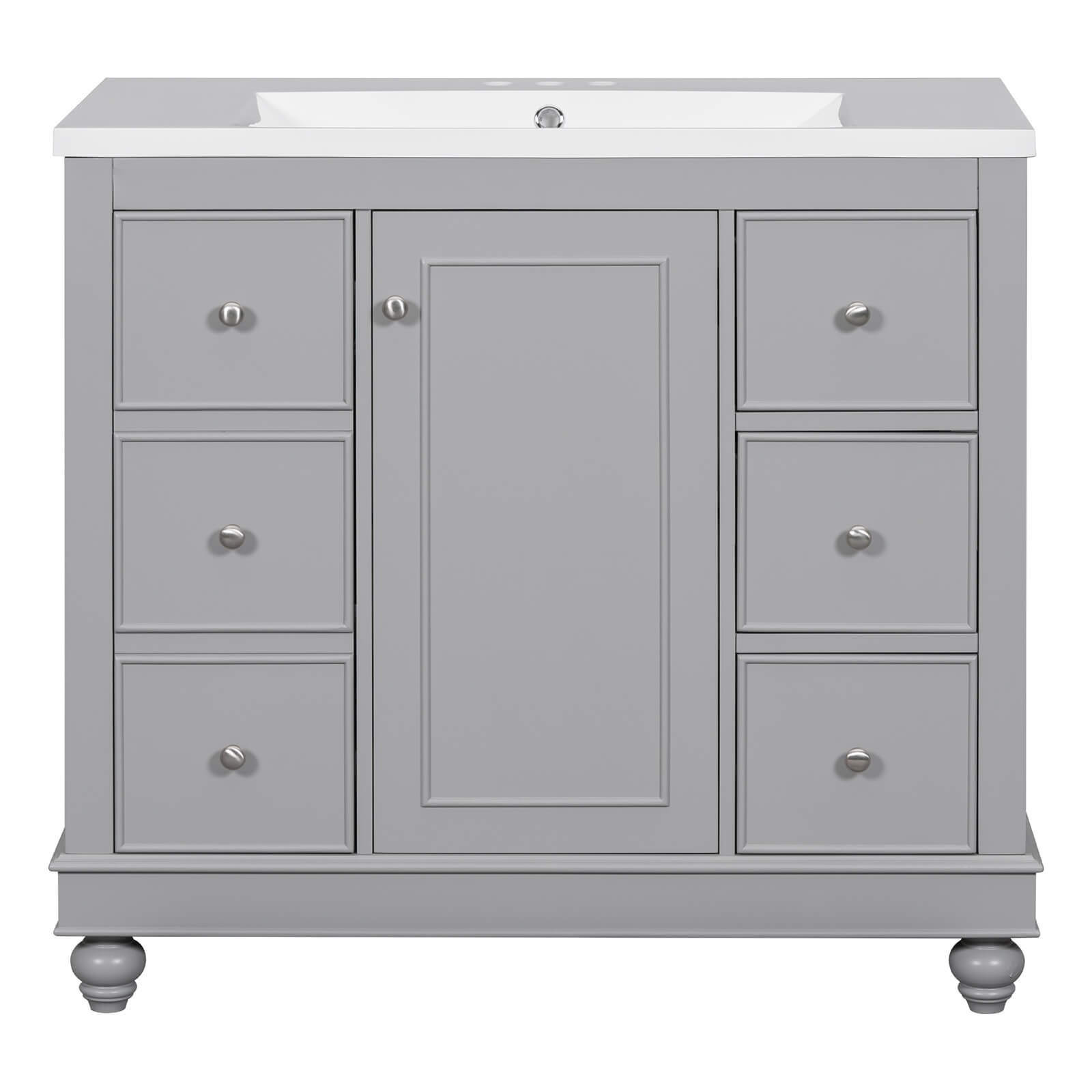 Side profile of gray bathroom vanity featuring elegant design and functional storage