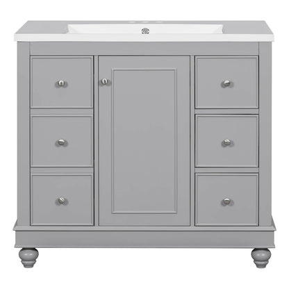Side profile of gray bathroom vanity featuring elegant design and functional storage