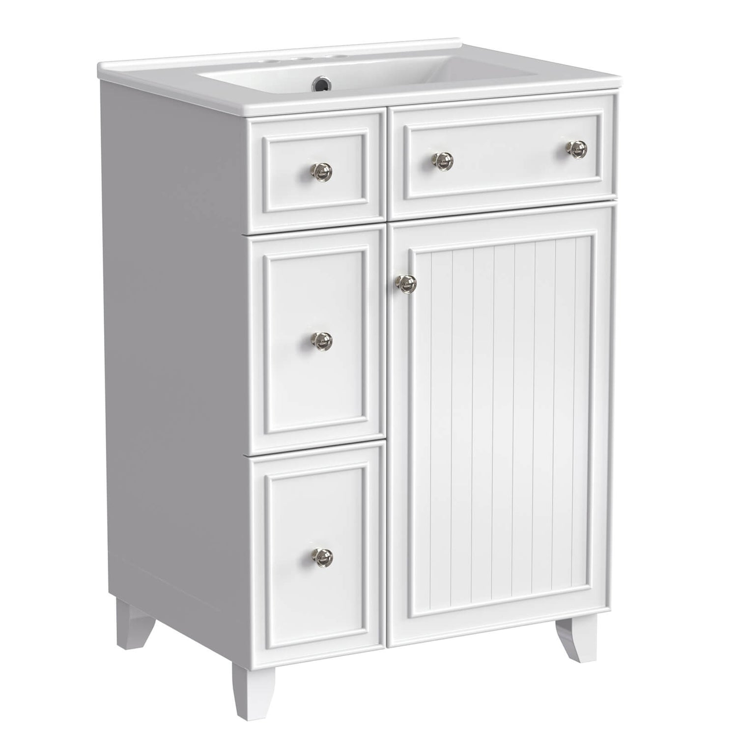 Side profile of the compact 24-Inch White Bathroom Vanity in a traditional bathroom setting