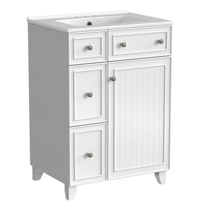 Side profile of the compact 24-Inch White Bathroom Vanity in a traditional bathroom setting