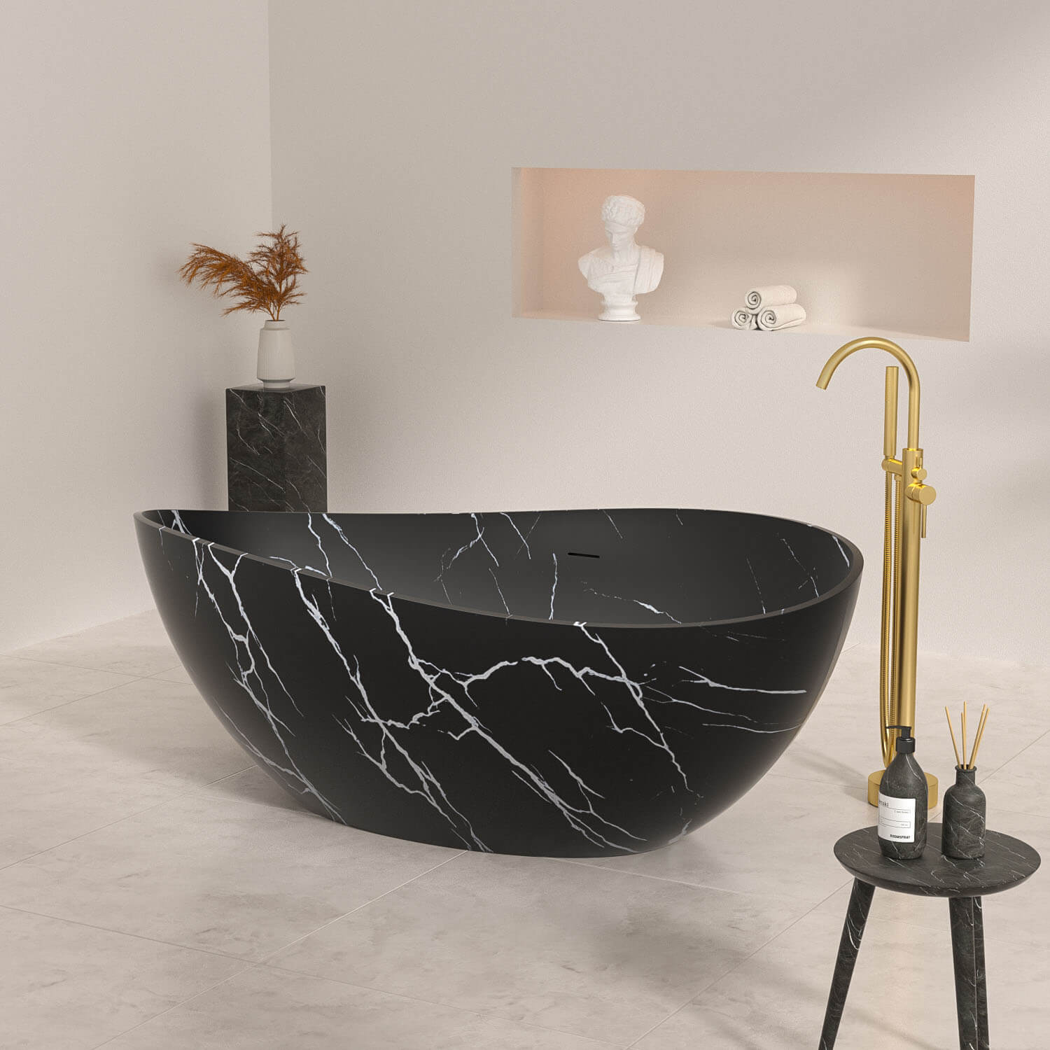 Side view black solid surface bathtub with flowing wave shape