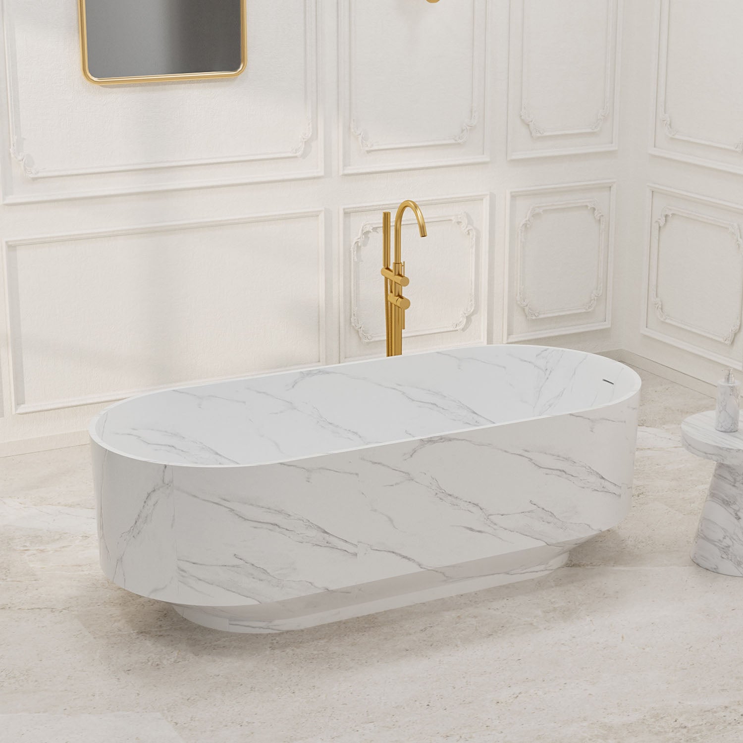 Side view matte white oval bathtub with pedestal base support