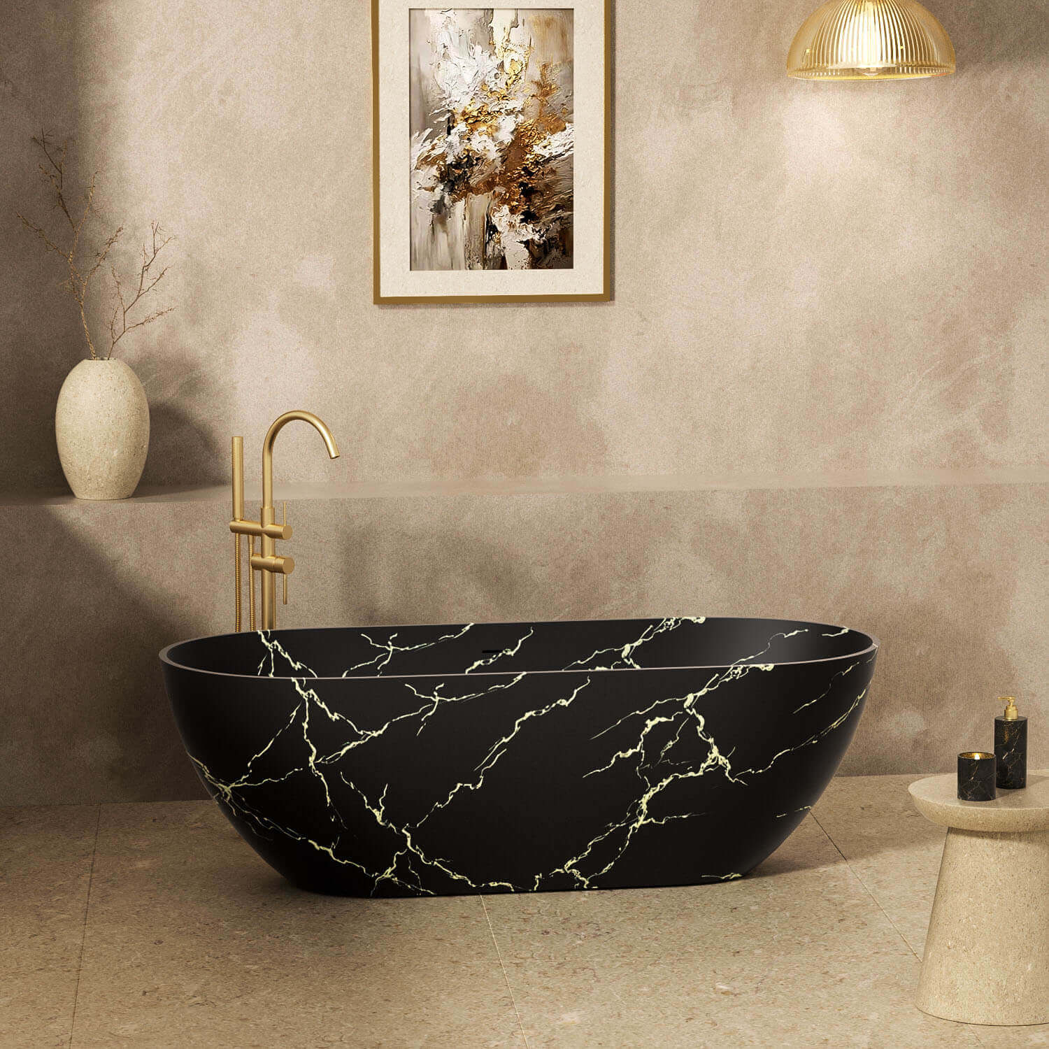 Side view of black oval stone resin soaking bathtub